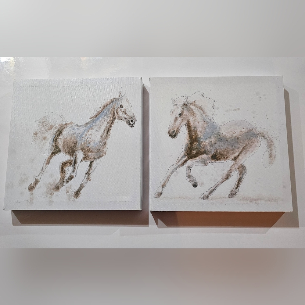 Set of 2 Horse Canvas Wall Art – Galloping Horses – Neutral Tones – 12" x 12"